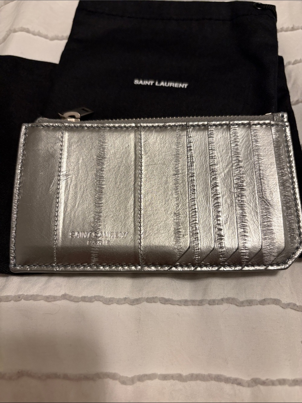 Saint Laurent fragment zipped card case silver